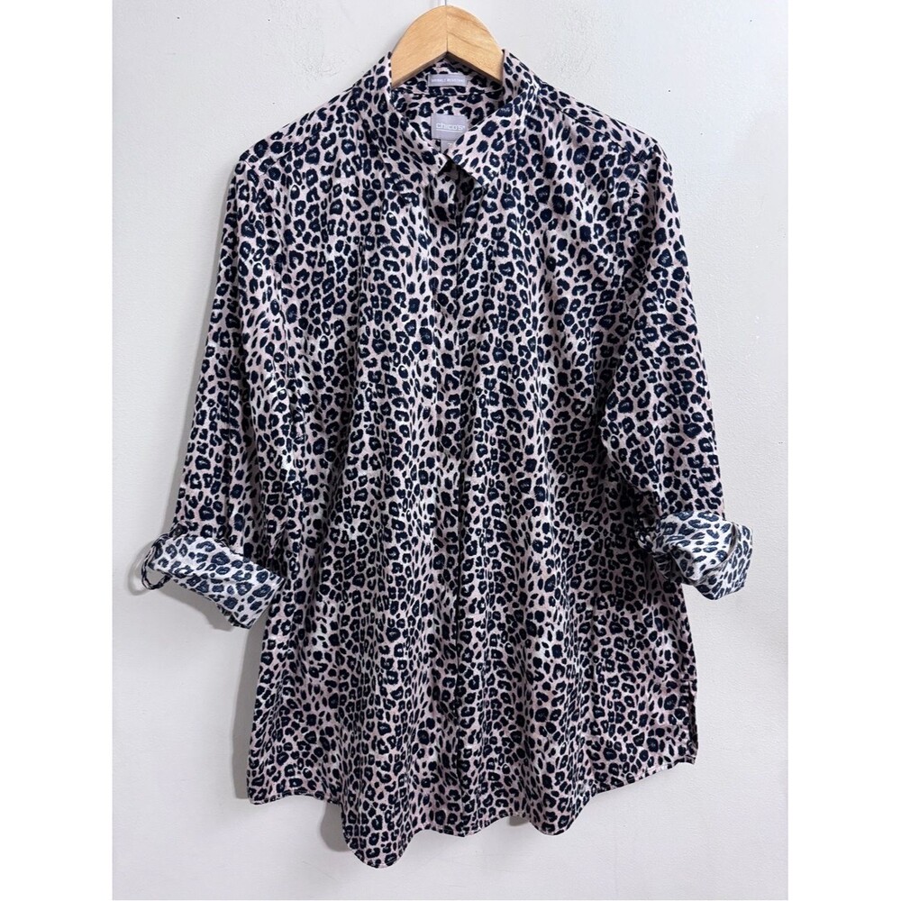 Chico's Leopard Print Button Down Shirt Anti-Wrinkle Cotton Roll Tab Sleeve XL